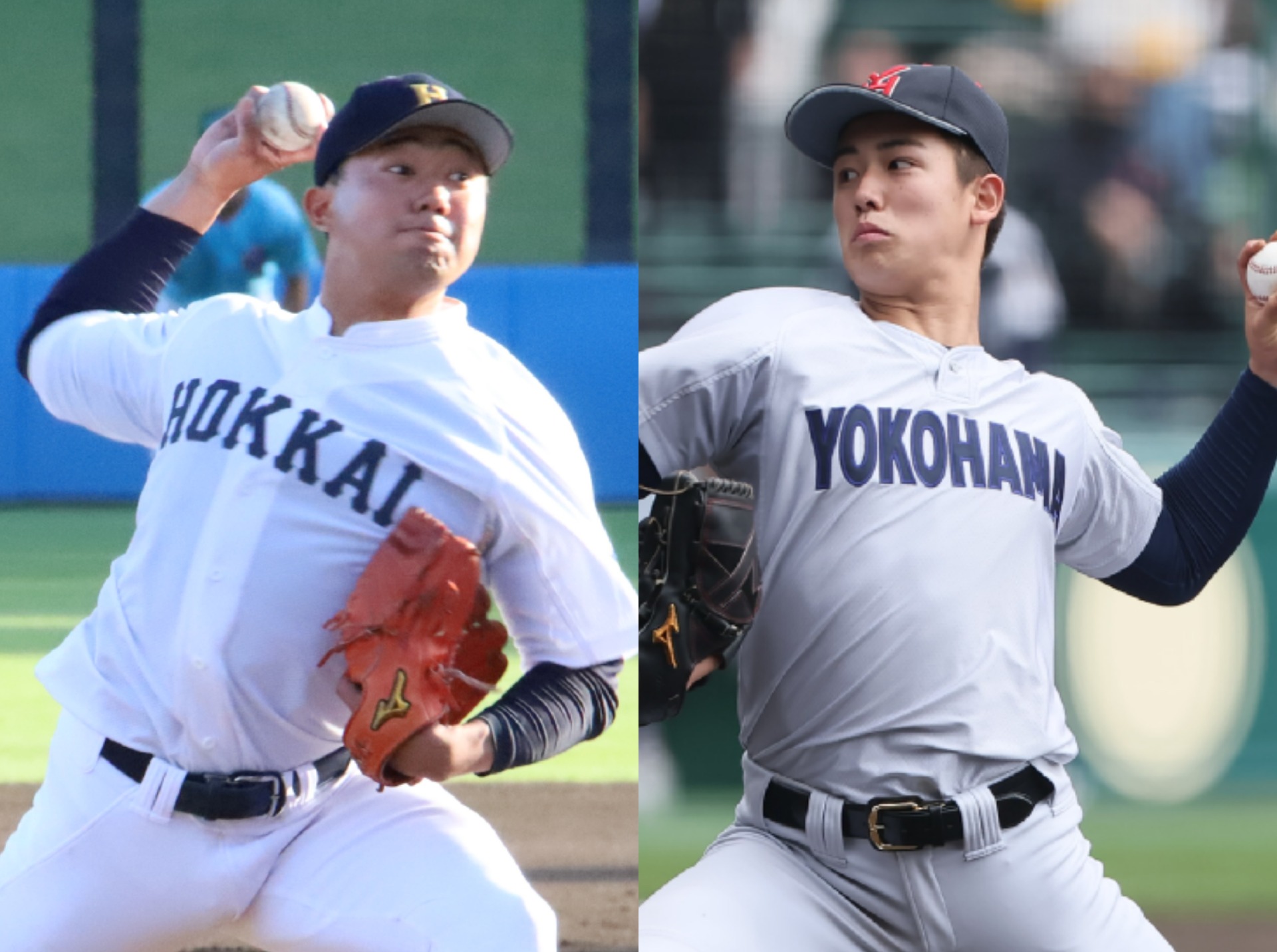 △北海学園大の工藤投手(左)と横浜の奥村投手